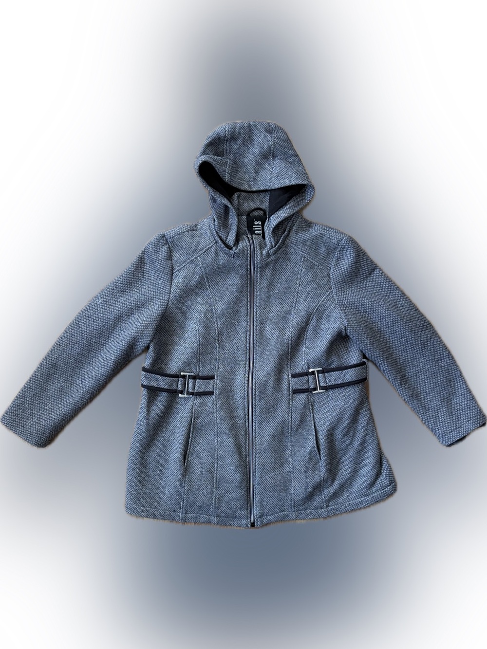 Gray Hooded Zip-Front Hooded Fashion Jacket with Faux Waist Buckle Detail